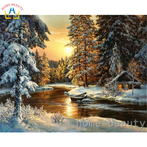 Pictures by numbers diy oil painting by numbers on canvas acrylic drawing paint by number sunrise snow river Y094